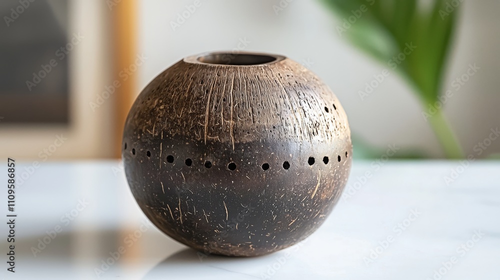Poster a rustic, round vase with a textured surface and small holes, set against a blurred background of gr