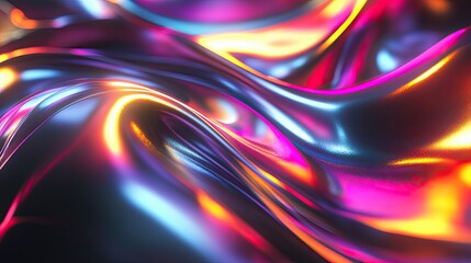 Naklejka premium Abstract background with colorful glowing waving lines on a dark background, in a futuristic and technological style. Shiny silver ribbon, bright light reflection, dynamic curves