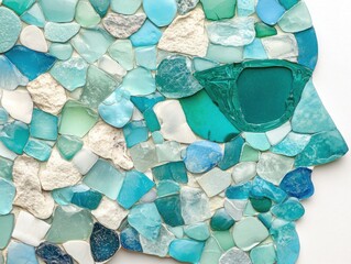 Fototapeta premium Colorful Mosaic Representation of a Human Face Created from Various Shades of Blue and Green Glass Pieces, Ideal for Artistic and Creative Projects