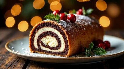 Christmas yule log cake with intricate chocolate bark decoration, festive plate, soft warm holiday lights in the background