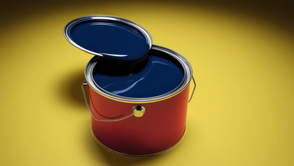 Open Paint Can With Blue Paint Against Yellow Background