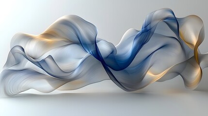 Fototapeta premium Translucent flowing ribbons in blue and gold hues layered on a soft gray background, elegant abstract design with dynamic movement