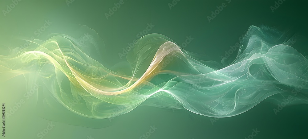 Wall mural elegant green and yellow flowing silk-like waves with a soft light gradient green background