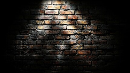 A dimly lit, textured brick wall with shadows, showcasing a blend of colors and weathering in a moody atmosphere.