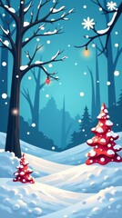 Enchanting winter landscape featuring snow-covered trees and Christmas decorations