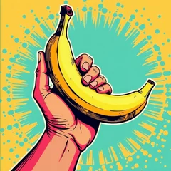Gordijnen A vibrant hand holding a ripe banana against a colorful pop art background © pondolar