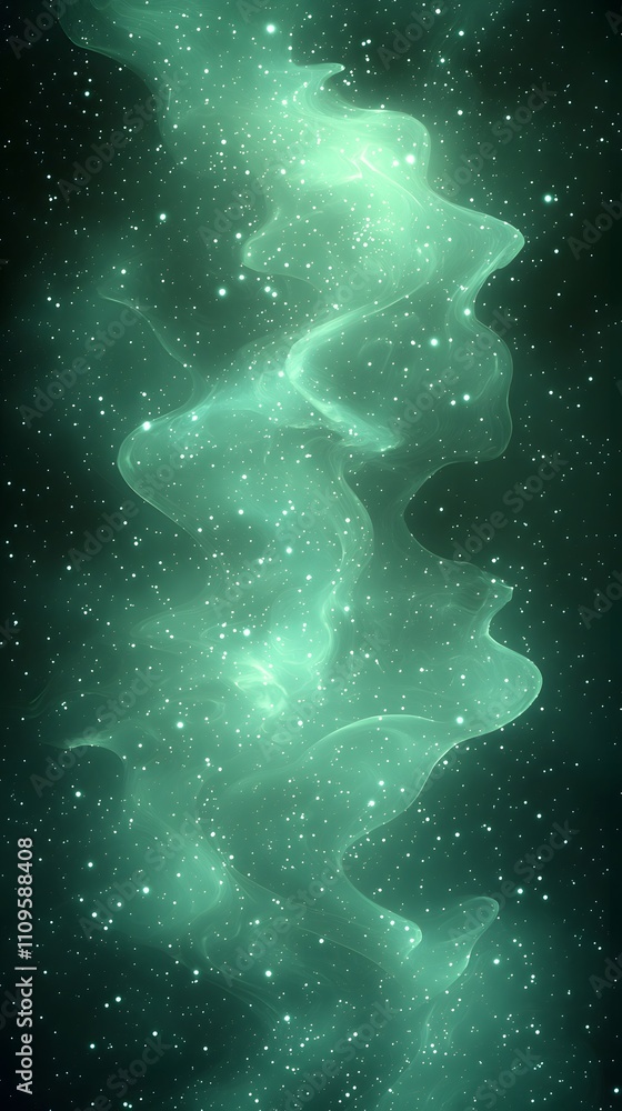 Poster abstract wispy green nebula-like patterns with sparkling dots and glowing highlights on a dark green