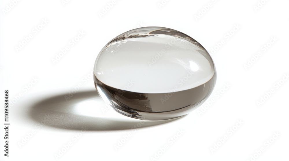 Poster a clear glass orb reflecting light, resting on a surface, showcasing a smooth, rounded shape and sub