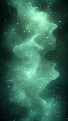 Abstract wispy green nebula-like patterns with sparkling dots and glowing highlights on a dark green background