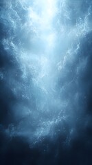 Dreamy glowing blue nebula with swirling light effects and sparkling particles on a dark blue background