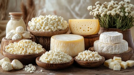 Fototapeta premium A lovely display of cheeses, creamy dairies, and flowers highlights artisan craftsmanship in a warm, inviting setting