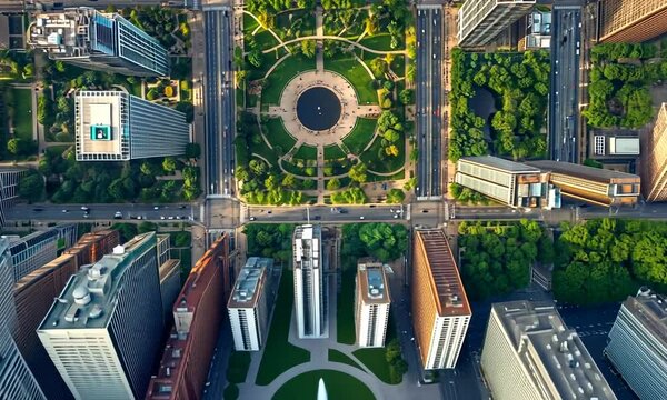 Aerial View of a City Park Surrounded by Skyscrapers
