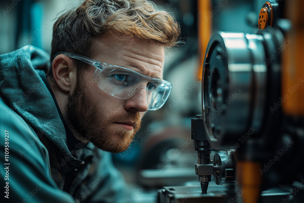 Poster Skilled CNC machine operator focuses intently on precision work at workshop