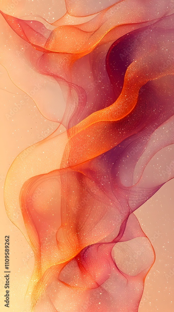 Sticker ethereal flowing waves in orange and crimson hues with glittery accents, creating a dynamic composit
