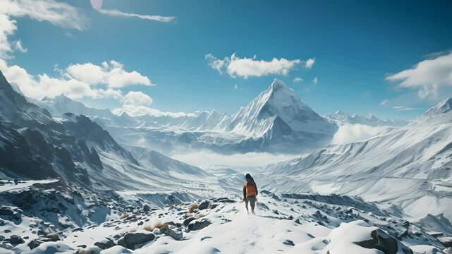A lone hiker stands on a snowy mountaintop and gazes at the view