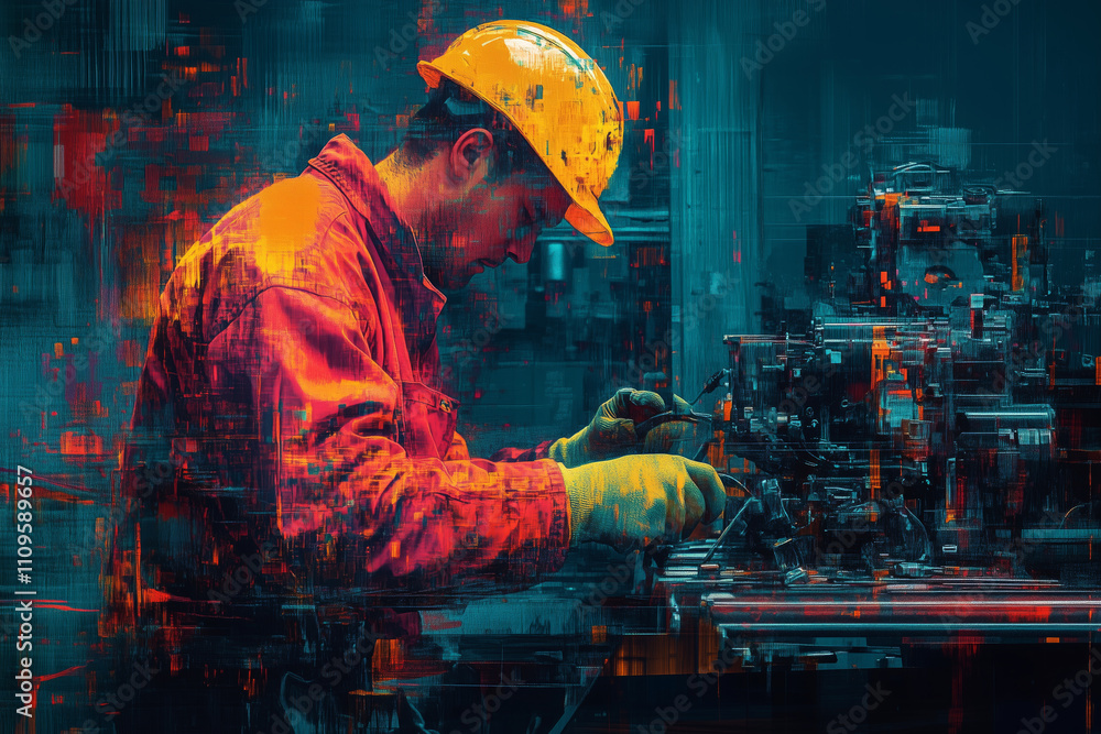 Poster creative mechanic working diligently on complex machinery in a vivid workshop