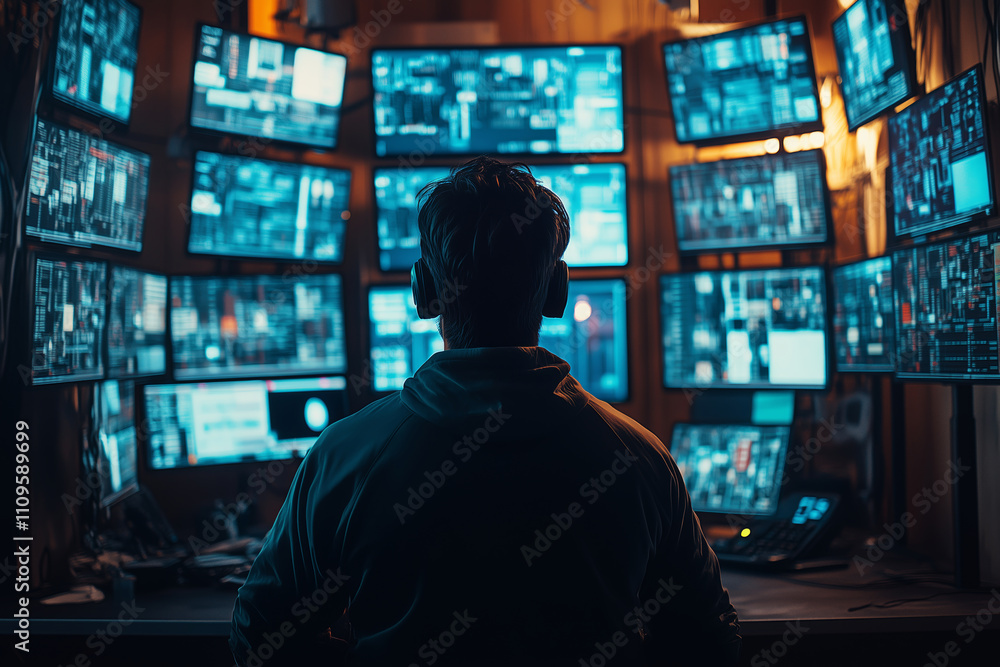 Poster automation technician overseeing production in a high-tech control room