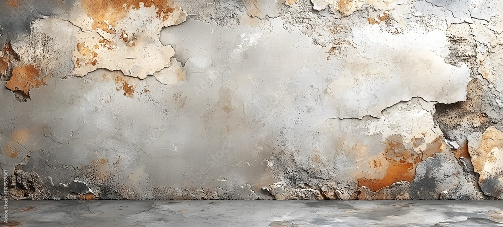 Wall mural weathered industrial wall with layers of peeling paint and rust in gray and orange tones, paired wit