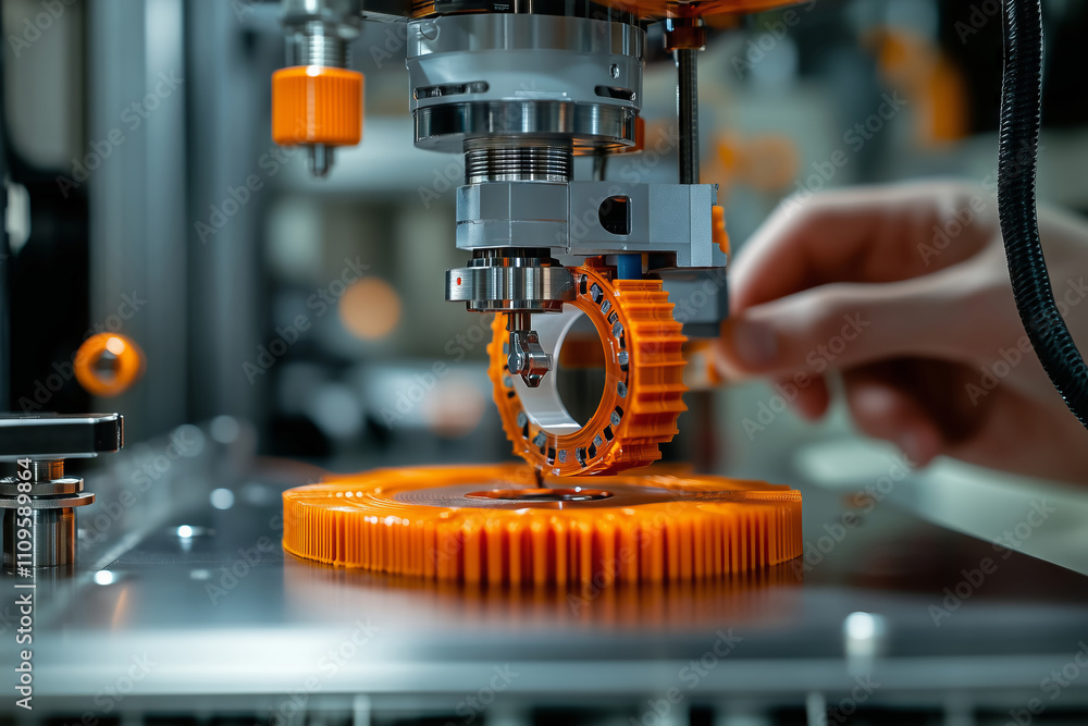 Poster Engineer inspecting details of freshly printed mechanical components in workshop