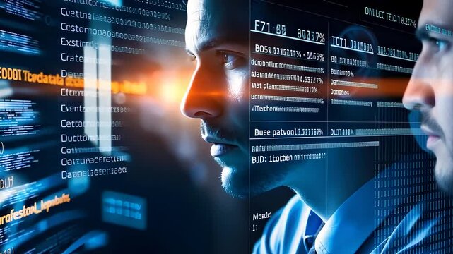 Professional Analyzing Data on High-Tech Screens in a Digital Environment

