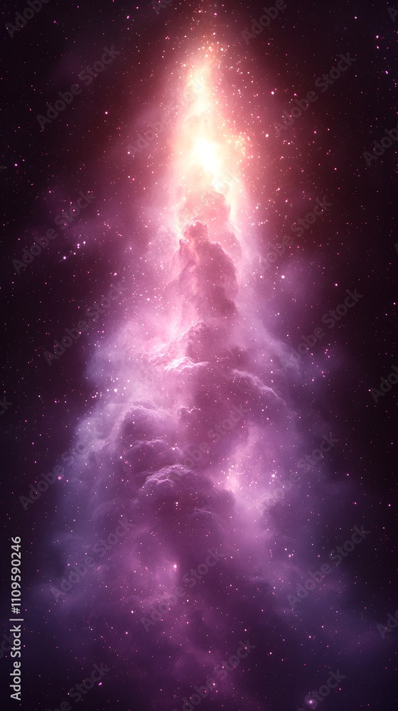 Wall mural radiant starburst with pink cosmic clouds and shimmering light beam in a vibrant space scene
