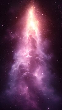 Radiant starburst with pink cosmic clouds and shimmering light beam in a vibrant space scene