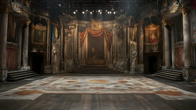A theatrical stage with dim lighting, gold detailing, and a dramatic vintage design.