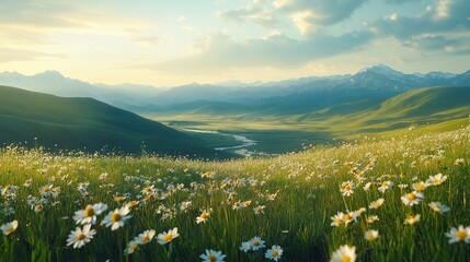 A serene landscape featuring a meadow of flowers and distant mountains under a blue sky.