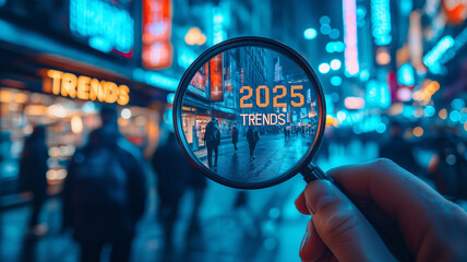 Holding a magnifying glass to explore the trends of 2025 in a bustling city