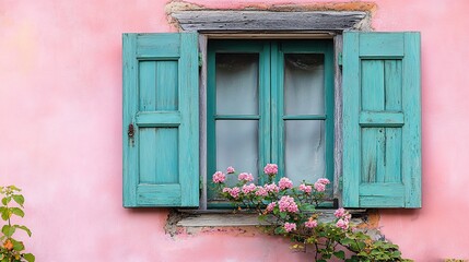 A charming window with turquoise shutters and pink flowers against a pastel wall.