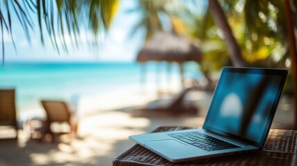 Laptop on background beach table embodies work from anywhere lifestyle
