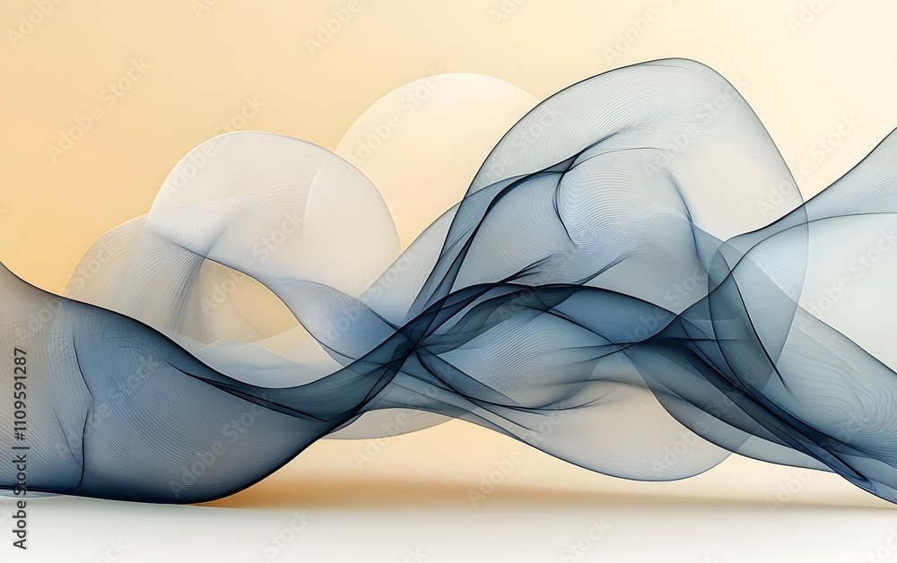 Sticker elegant flowing dark blue abstract waves layered over a soft beige gradient background with subtle l