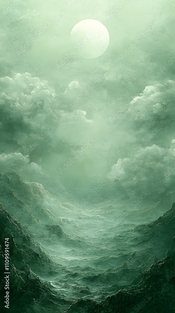 Wall mural moonlit green mist enveloping rugged terrain with scattered clouds creating a mystical and ethereal 