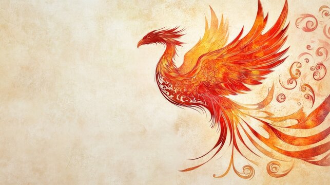 Stylized Phoenix Tattoo Design, vibrant colors intertwining to symbolize rebirth, featuring intricate details and flowing lines, capturing the essence of transformation and renewal
