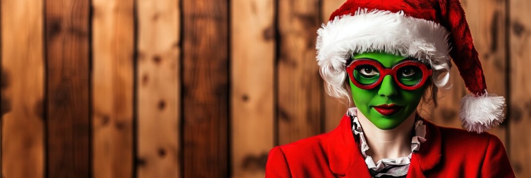 young Mrs Claus with green face, red suit 