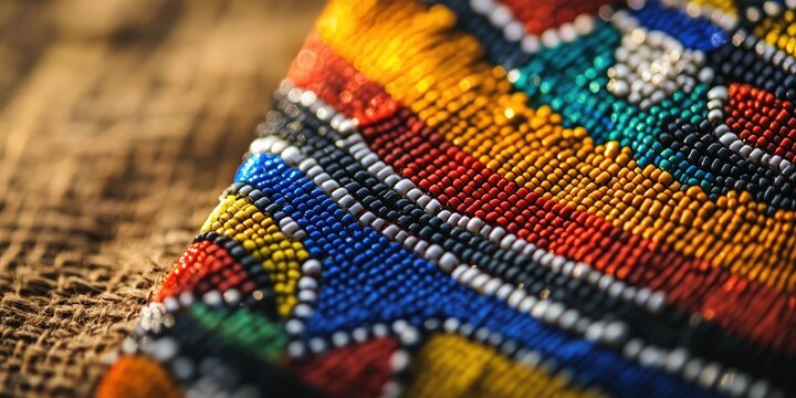 Colorful african beadwork close-up on textured fabric