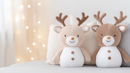 Christmas nursery decor concepts. Adorable plush reindeer toys with a cozy background and soft lighting. Perfect for holiday decor.