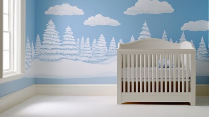 Christmas nursery decor concepts. A serene nursery with a white crib and winter-themed wall art in soft blue tones.