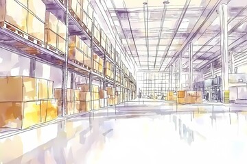 Spacious Warehouse Interior with Stacked Boxes and Light Windows