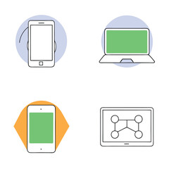 Collection of Technology Social Media Icons Depicting Various Electronic Devices and Gadgets on a White Background, Vector art EPS Format