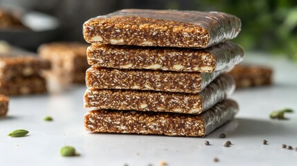 Delicious energy bars stacked on a marble countertop in a modern kitchen setting