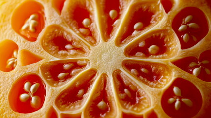 Close-up of a persimmon fruit sliced in half, showing its rich orange interior and symmetrical patterns