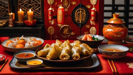 Traditional Lunar New Year Feast Table with Festive Dishes