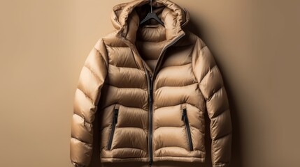 Men's winter jacket on a hanger on a beige background