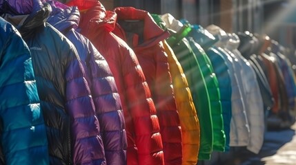 Multicolored winter jackets on a street market. Close-up