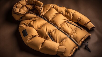 Yellow down jacket on a brown background. Shallow depth of field.