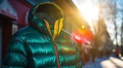 Close up of a man in a green down jacket on the street