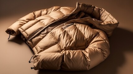 Close-up of a beige down jacket on a brown background