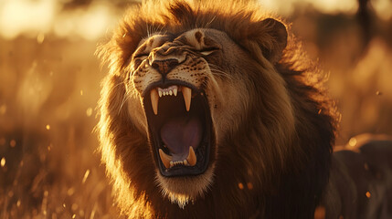 A roaring male lion in golden sunlight, his mane glowing and sharp teeth bared, portraying authority, dominance, and raw power.


