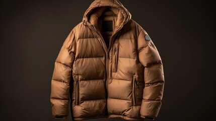 Yellow down jacket hanging on a wooden hanger in the dark room